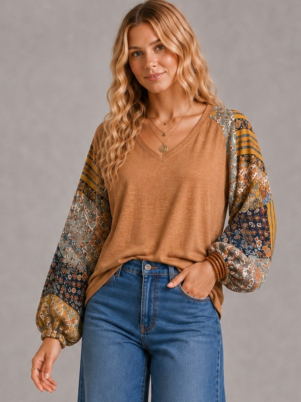 Patchwork Sleeve V-Neck Sweatshirt in Tan